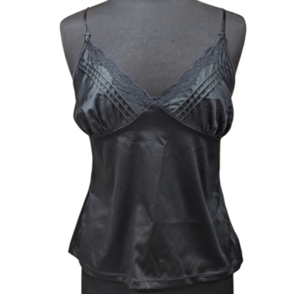 Feminine Satin Gilligan & O'Malley XL Stretchy Black Camisole Lace Trim Tank Top